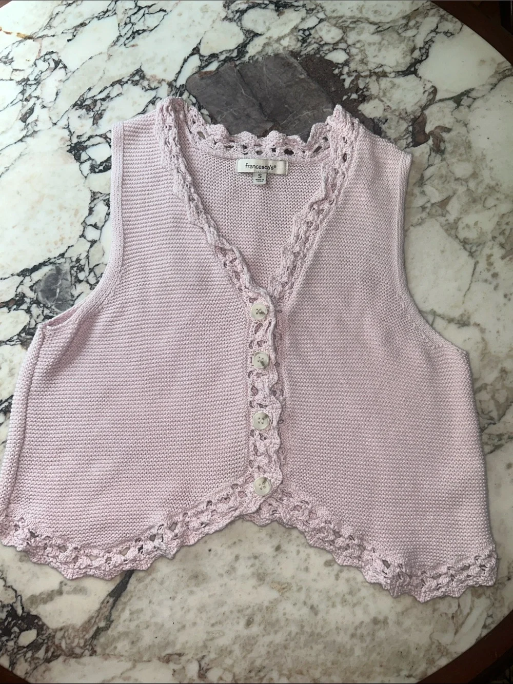 Francesca's Collections Pale Pink Crochet-Trim Button Knit Crop Vest fits 12-13y